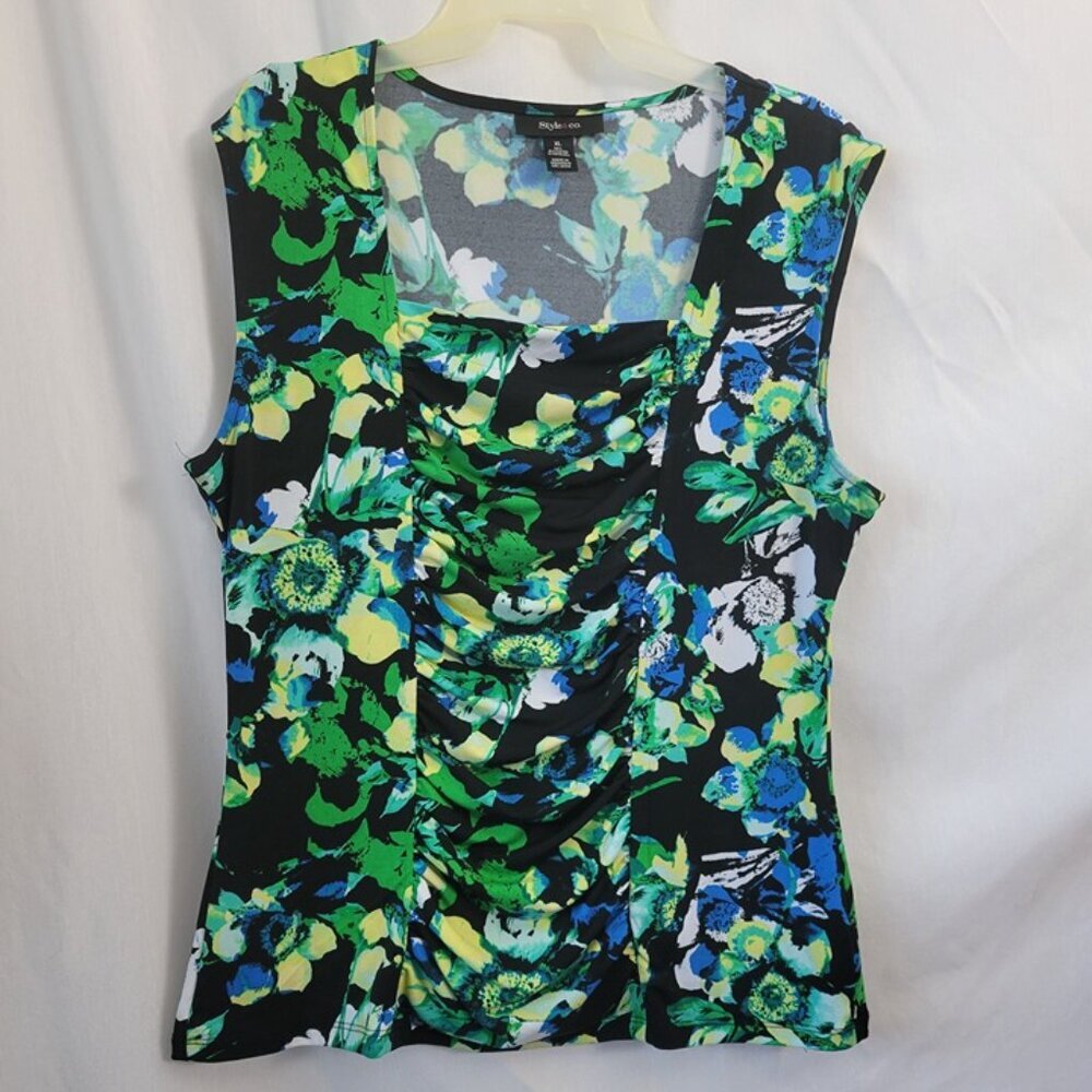 Style & Co Tank Floral Dressy Ruched Ruffled XL Colorful Classic lined stretch - Picture 3 of 10